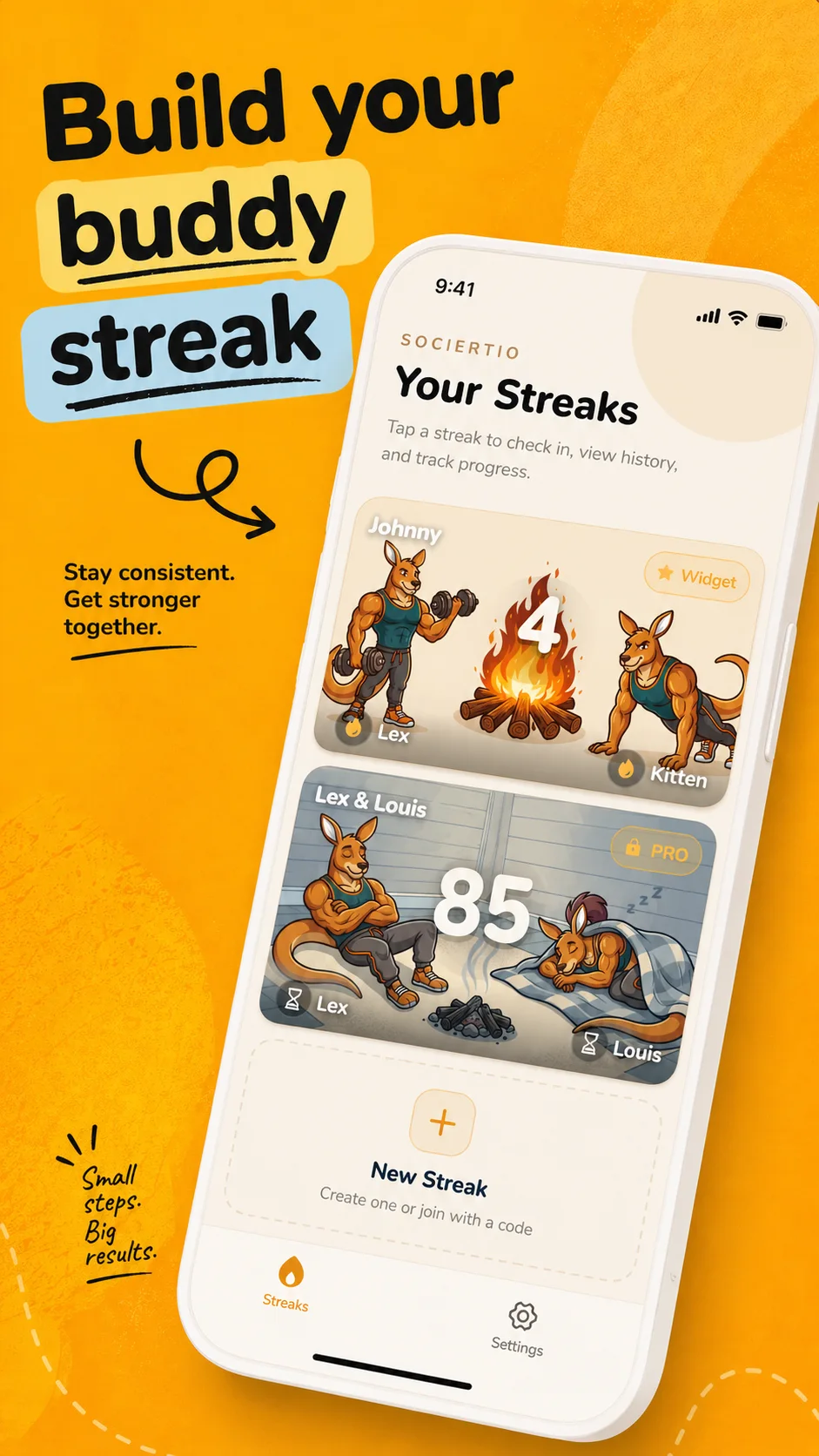 Sociertio home screen showing multiple buddy workout streaks.